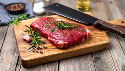 Raw steak with rosemary placed on a cutting board ready for cooking.