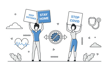 People holding signs with pandemic safety messages like keep distance, stay home, and stop covid, surrounded by health icons, blue monocolor style, isolated on white background vector illustration