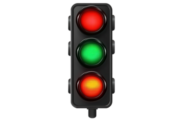Traffic light showing red, yellow, and green lights on transparent background with low resolution for use in design and educational materials