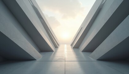 Fototapeta premium Minimalist abstract architectural space featuring converging concrete walls with geometric patterns. Soft light creates gradient and depth perspective towards a bright sky.