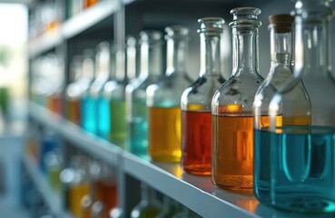 Row of glass laboratory bottles filled with colorful liquids. Amber, blue, green solutions organized on shelves in scientific setting. Storage containers for research, experiments, pharmaceutical