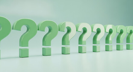A row of pale green question marks casting shadows on a light green background, symbolizing inquiry and confusion