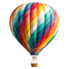 Fototapeta premium Vibrant multicolored hot air balloon with a wicker basket suspended in the air isolated on transparent background