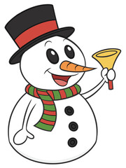 Snowman with three stacked snowballs, black top hat with red band, red‑green striped scarf, three black buttons, carrot nose, smiling mouth, large eyes, and one stick arm raised holding a yellow bell.
