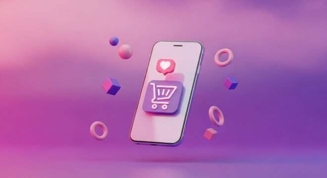 Modern Smartphone Displaying E-commerce Icons Amidst Floating Geometric Shapes