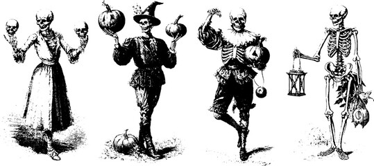 Halloween skeleton performers in vintage engraving style for holiday design