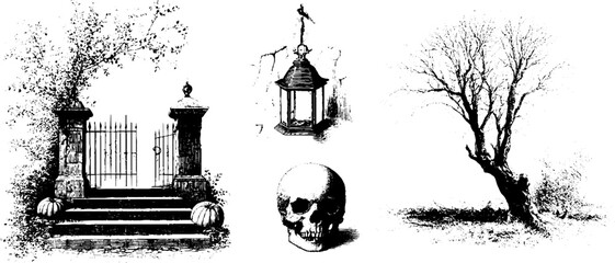 Haunted house exterior elements collection with gate, lantern, skull, and tree for halloween decor