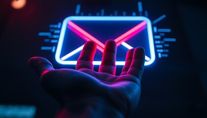 Hand reaching up towards glowing neon email icon with red lines and digital elements Keywords: hand, reaching, up, glowing, neon, email, icon