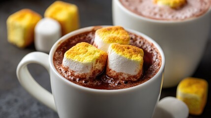Two mugs of hot chocolate topped with yellow and white marshmallows
