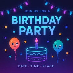 Neon Birthday Flyer with Glowing Cake and Party Lights on Dark Gradient Background