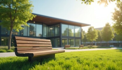 Wooden park bench sits on green lawn in front of modern glass building. Sunlight streams through trees, creating serene, tranquil atmosphere. Pathway visible, corporate campus setting.