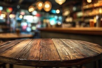 Warm wooden round table set in a lively pub atmosphere with blurred bar background creating a cozy evening vibe