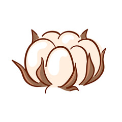 Flat style logo of a cotton boll with fluffy white fibers and brown shell isolated on white background for textile agriculture and organic product design.