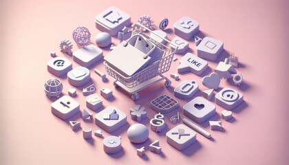 Whimsical 3D Render of Social Media Icons and Shopping Cart on Pastel Pink Background