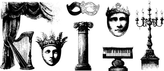 Vintage opera stage elements collection with masks and instruments for artistic design
