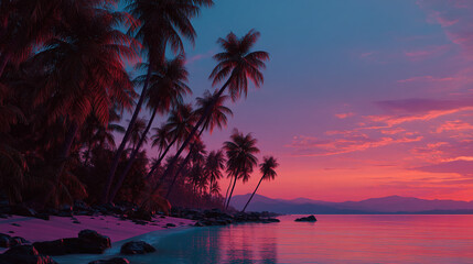 A vibrant sunset over a tropical beach with palm trees and pink sand and turquoise water reflecting the sky