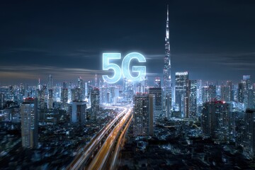 City skyline showcasing technology advancement with 5G connectivity illuminated against the night sky, embodying the future of urban development and digital integration