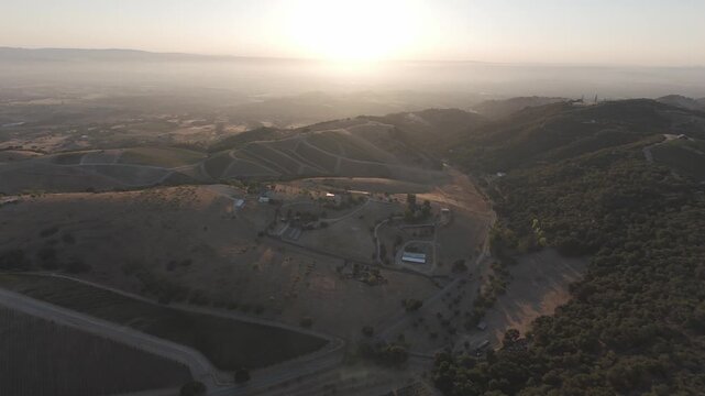 Golden Hour Aerial of Rolling Oak Hills and Ranch Roads near Paso Robles, California &mdash; Central Coast Sunset Drone Establishing Shot