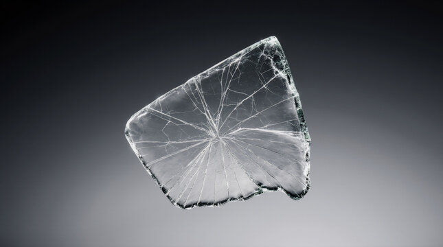 A solitary shard of clear glass with sharp cracks and edges contrasts against a matte dark background, with a modern minimalist feel