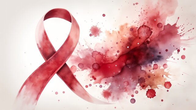 Watercolor red ribbon with splashes on soft background for blood-related and heart deceases, HIV/AIDS, substance-abuse and other awareness campaigns and events, copy space