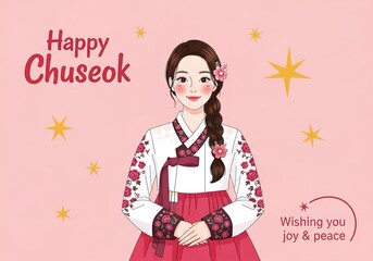 Happy Chuseok A Beautiful Woman in Traditional Korean Hanbok Dress Celebrating Korean Thanksgiving Holiday