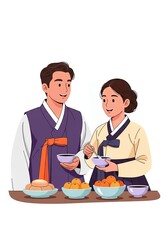 Couple enjoying traditional Korean food and drinks in Hanbok attire