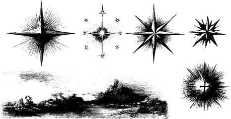 Starlight effects engraved design elements collection for retro art and decor