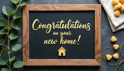 Gold script text congratulates on new home with house icon on dark blackboard. Elegant chalk-style typography inside wooden frame. Festive celebration, housewarming gift, milestone achievement