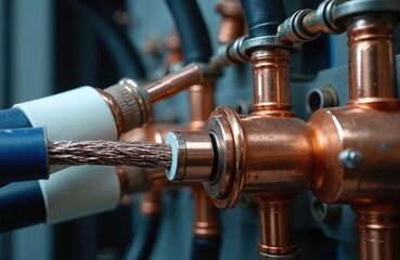 Closeup of electrical wiring shows copper busbar connected to black wire with white, blue sheath. Essential component in power distribution systems, conductor setup highlights industrial technology,