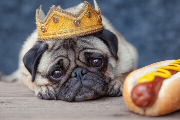 Pug dog rests with a gold crown beside a hot dog, showcasing a whimsical culinary moment with a playful pet in a charming setting