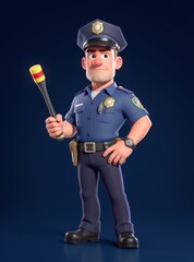 Cartoon Police Officer Character Holding Baton with Confident Stance