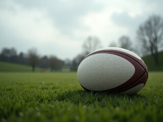Oval rugby ball on green grassy outdoor field under cloudy sky