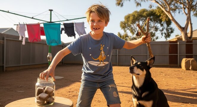 Mischievous Australian boy with a slingshot and a dog standing next to a jar of chocolate brownies