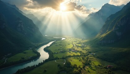 Sunbeams stream through clouds over majestic mountain valley with winding river. Green pastures, forests, scattered houses create serene, peaceful landscape. Scenic view captures beauty of nature,