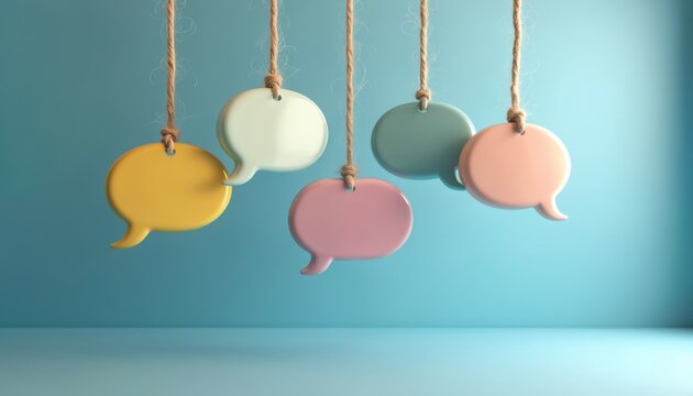 Colorful speech bubbles hang suspended against clear blue background, creating visual metaphor for communication, dialogue. Empty speech bubbles in pastel shades offer ample copy space for text