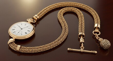 Leontine: Ornate, vintage gold pocket watch and a decorative chain on a polished wooden surface