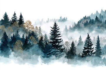 Fototapeta premium Fog drapes over a serene watercolor forest landscape highlighting tall pines and golden foliage in a mystical morning atmosphere