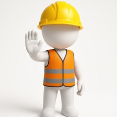 3D Rendered Construction Worker Figure Signaling Stop with Hand and Wearing Safety Gear