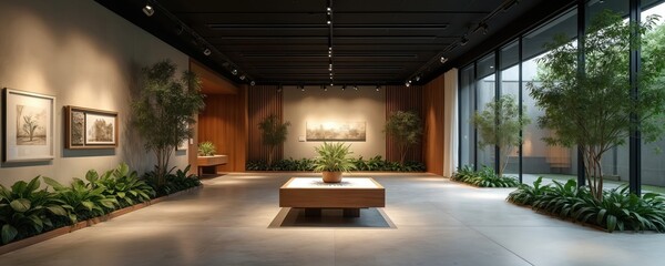 Modern art gallery with minimalist interior design. Soft lighting illuminates paintings on walls, indoor plants. Inviting exhibition space for art displays, fostering creativity, community engagement.