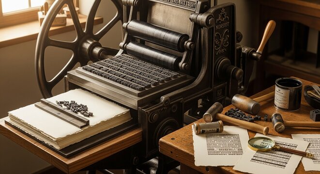 Letterpress: An antique printing press in a workshop, showcasing the relief printing technique with movable type