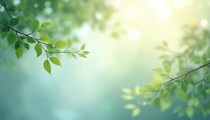 Obraz premium Soft focus illustration features fresh green leaves on tree branches against blurred gradient background of blue, yellow. Gentle breeze effect, light bokeh create serene, natural atmosphere, perfect
