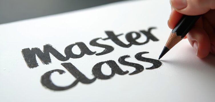 Pencil sketch design features words master class. Hand drawing lettering with pencil on paper. Concept for art, design education, creative workshop, lettering skill, writing lessons.