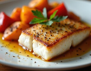 Pan-seared sea bass fillet with crispy golden skin, served on white plate with roasted vegetables. Succulent fish with flavorful seasonings, perfect for fine dining, healthy eating, culinary