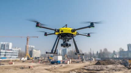 A yellow drone equipped with a camera flies over a construction site, capturing aerial views amidst machinery and urban development.