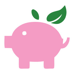 Illustration of a pink piggy bank with green leaves on top representing eco friendly savings concept