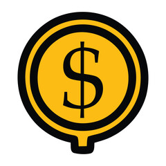 Illustration of a gold coin with a black dollar sign and a black border on a white background