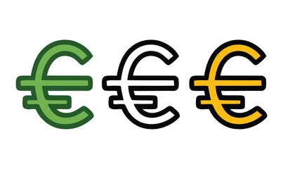 Illustration of three euro symbols in green, black outline, and yellow on a white background image
