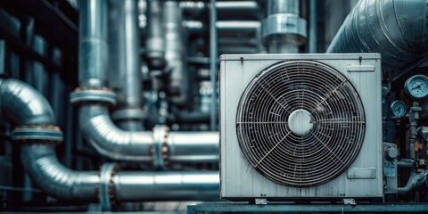 Industrial air conditioning unit amidst complex piping