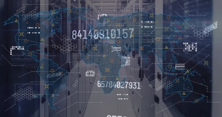 Animation of numbers over map and database against server room - Powered by Adobe