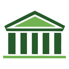 Illustration of a green building facade with triangular roof and several vertical pillars in simple design